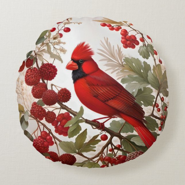 Northern Cardinal Bird Red Berries Round Pillow (Front)