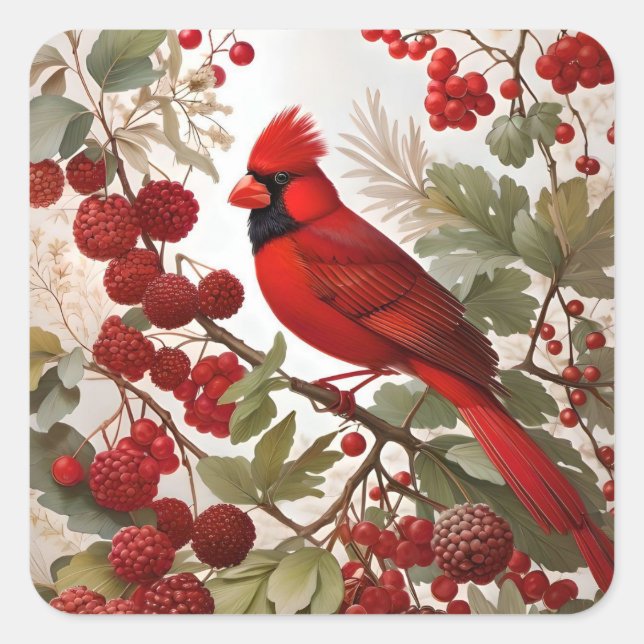 Northern Cardinal Bird Red Berries Square Sticker (Front)