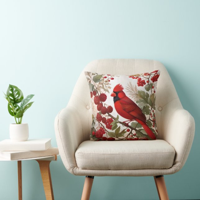 Northern Cardinal Bird Red Berries Throw Pillow (Chair)