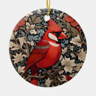 Northern Cardinal Bird William Morris Inspired Ceramic Ornament