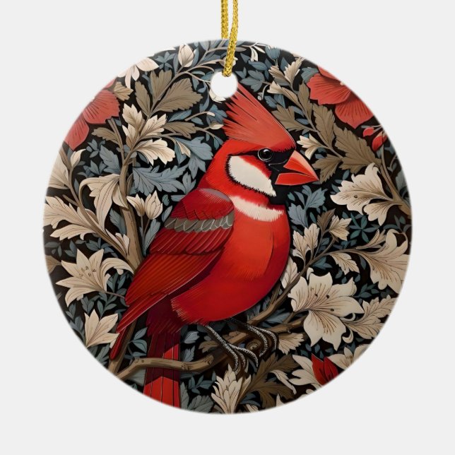 Northern Cardinal Bird William Morris Inspired Ceramic Ornament (Front)