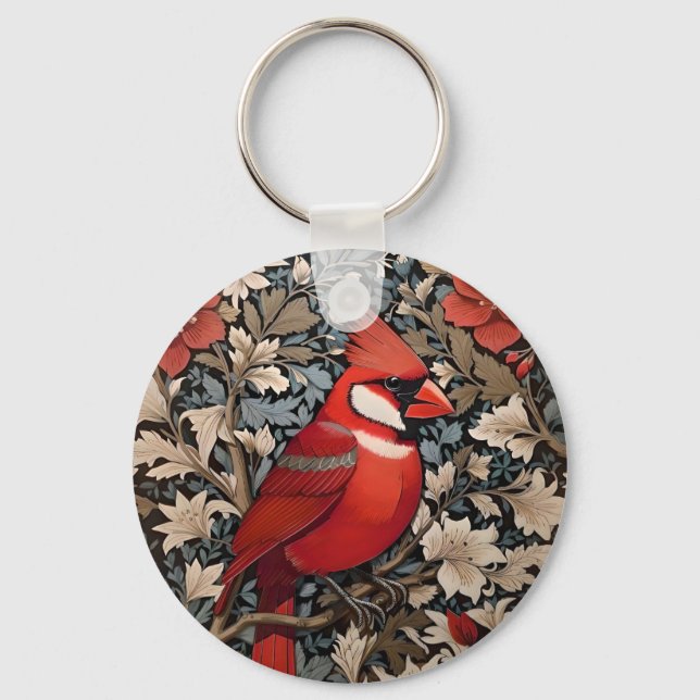 Northern Cardinal Bird William Morris Inspired Keychain (Back)