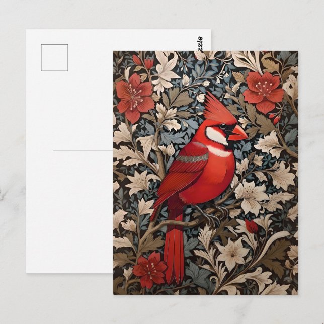 Northern Cardinal Bird William Morris Inspired Postcard (Front/Back)