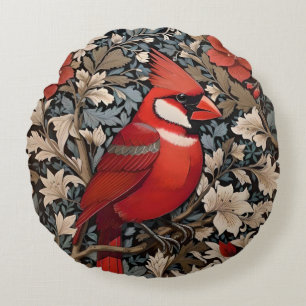 Northern Cardinal Bird William Morris Inspired Round Pillow