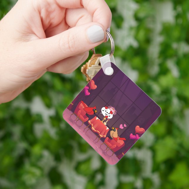 Northern Cardinal Birds Dinner Date Keychain (Hand)