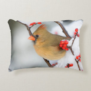 Northern Cardinal female on Common Winterberry Decorative Pillow