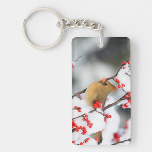 Northern Cardinal female on Common Winterberry Keychain (Front)