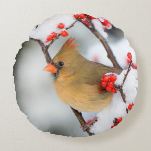 Northern Cardinal female on Common Winterberry Round Pillow