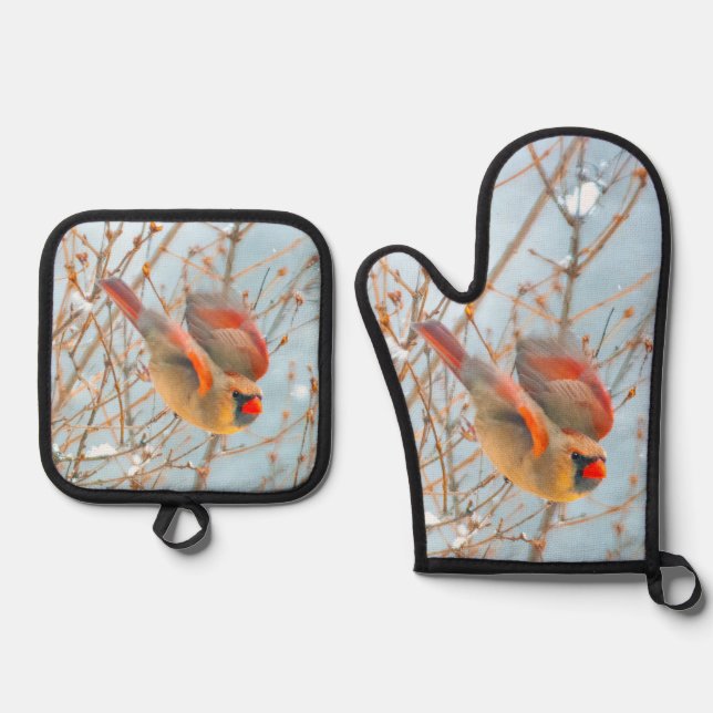 Northern Cardinal Flying in Snow Original Photo Oven Mitt & Pot Holder Set (Front)