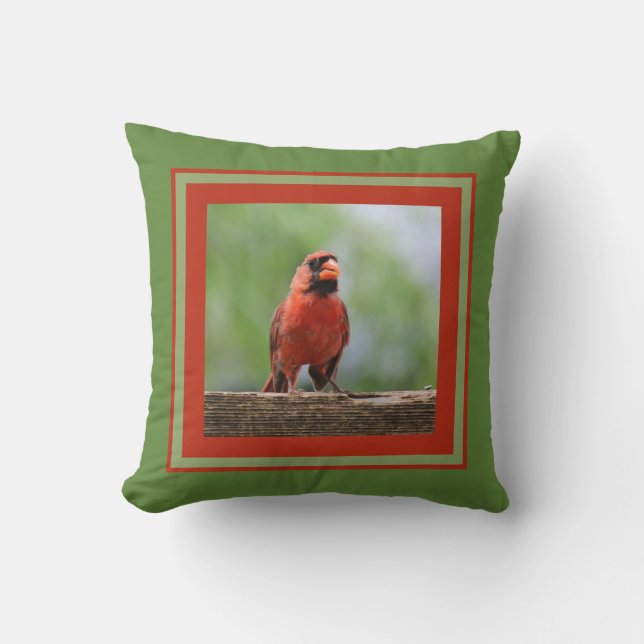 Northern Cardinal, framed in red & green Throw Pillow (Front)