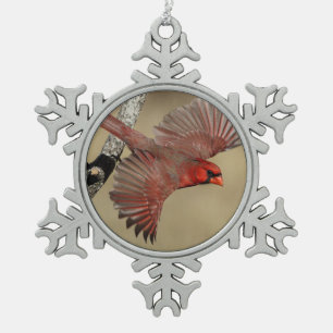 Northern Cardinal In Flight Snowflake Pewter Christmas Ornament