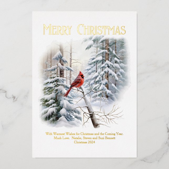 Northern Cardinal in Snowy Woods  Foil Holiday Card (Front)