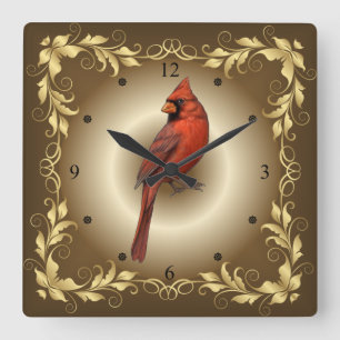 Northern Cardinal Male ~ Red With Pointed Crest ~ Square Wall Clock