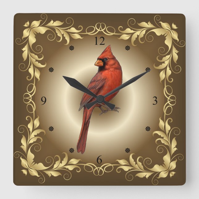 Northern Cardinal Male ~ Red With Pointed Crest ~ Square Wall Clock (Front)