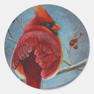 Northern Cardinal Red Bird Berries Watercolor Art Classic Round Sticker