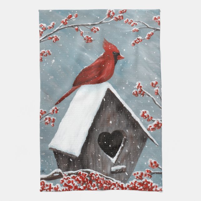 Northern Cardinal Winter Snow Kitchen Towel (Vertical)