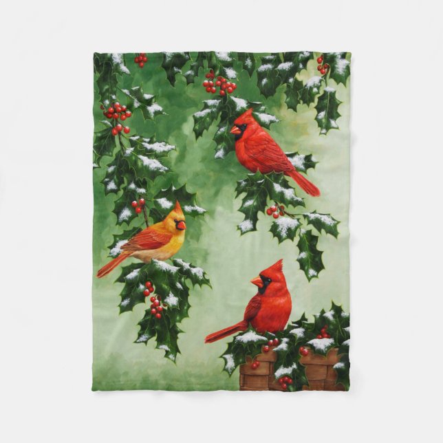 Northern Cardinals and Holly Berries Fleece Blanket (Front)