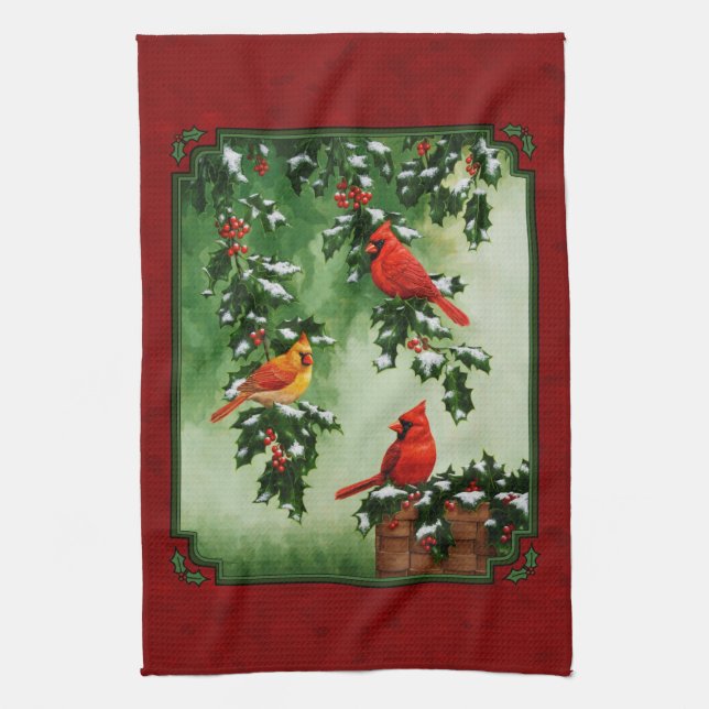 Northern Cardinals and Holly Red Kitchen Towel (Vertical)