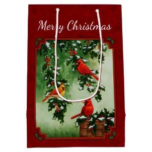 Northern Cardinals and Holly Red Medium Gift Bag