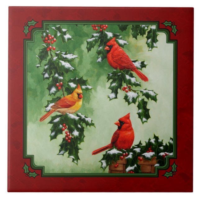 Northern Cardinals and Holly Red Tile (Front)