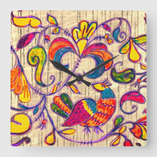 Northern Folk Art Bird from Russia Square Wall Clock