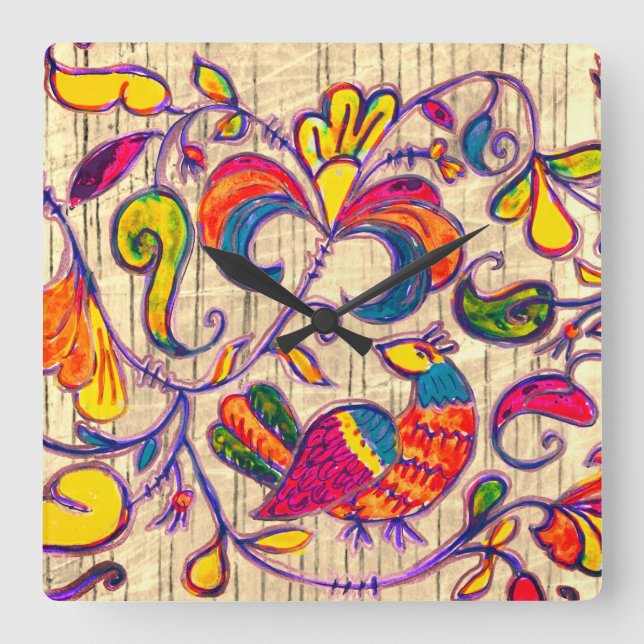 Northern Folk Art Bird from Russia Square Wall Clock (Front)