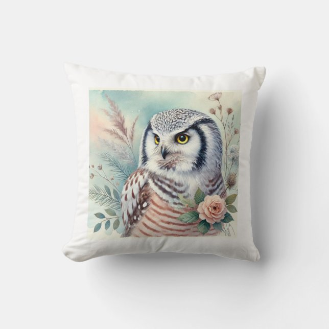 Northern Hawk Owl 060924AREF108 - Watercolor Throw Pillow (Front)