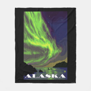 Northern Lights and Orcas Vintage Travel Fleece Blanket