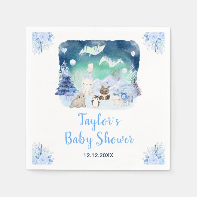 Northern Lights Arctic Animals Baby Shower Napkin (Front)