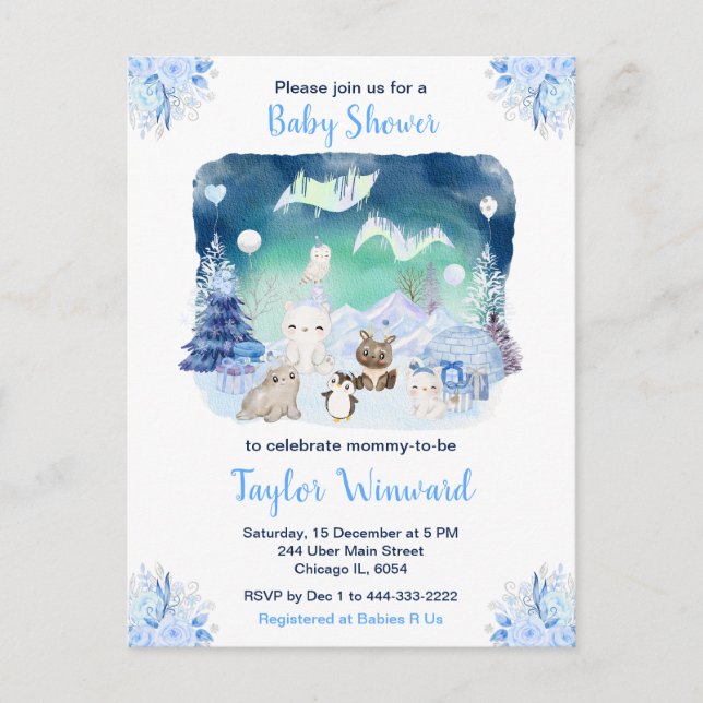 Northern Lights Arctic Animals Baby Shower Postcard (Front)