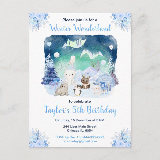 Northern Lights Arctic Animals Birthday Postcard (Front)