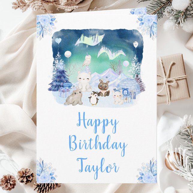 Northern Lights Arctic Animals Happy Birthday Card (Creator Uploaded)