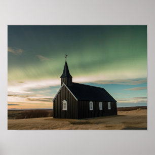Northern lights at Budir church Poster