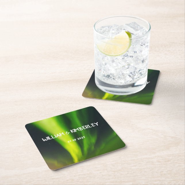 Northern Lights Aurora Borealis Elegant Wedding  Square Paper Coaster (Insitu)