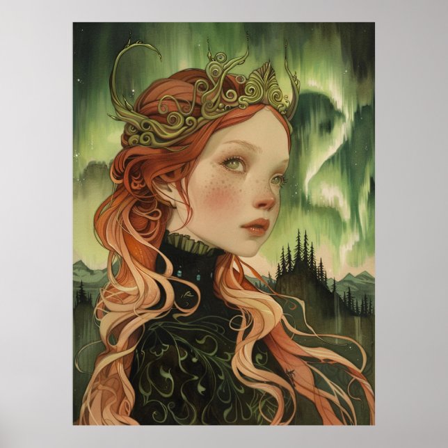 northern lights aurora borealis viking lady poster (Front)