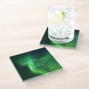 Northern Lights Aurora Borealis Wedding Glass Coaster