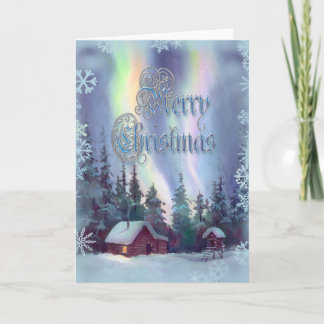 NORTHERN LIGHTS & CABIN by SHARON SHARPE Holiday Card