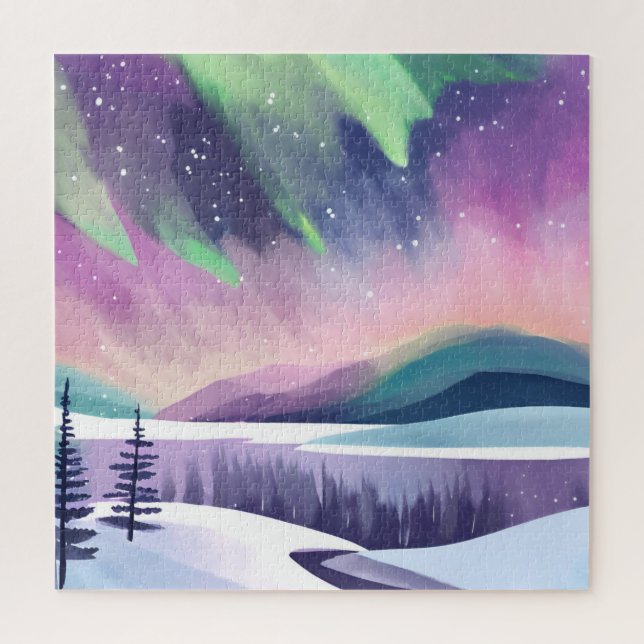 Northern Lights Colourful Winter Night | Watercolo Jigsaw Puzzle (Vertical)