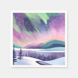 Northern Lights Colourful Winter Night   Watercolo Napkin