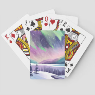 Northern Lights Colourful Winter Night   Watercolo Playing Cards
