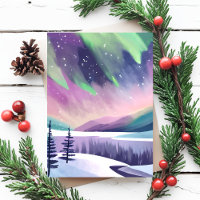 Northern Lights Colourful Winter Night | Watercolo