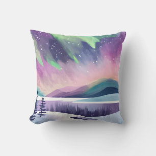 Northern Lights Colourful Winter Night   Watercolo Throw Pillow