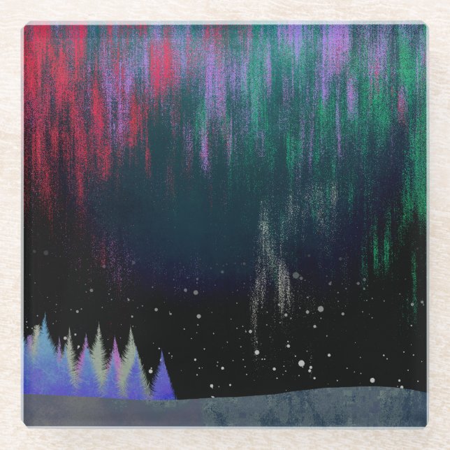 Northern Lights Contemporary Landscape  Glass Coaster (Front)