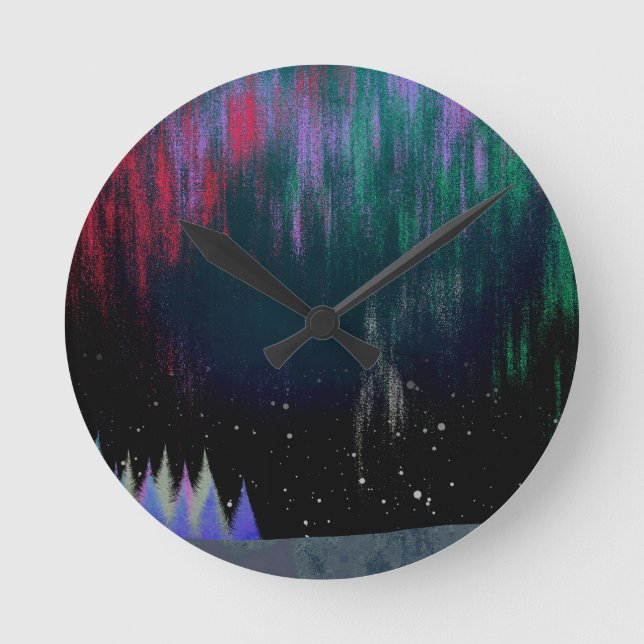 Northern Lights Contemporary Landscape Round Clock (Front)