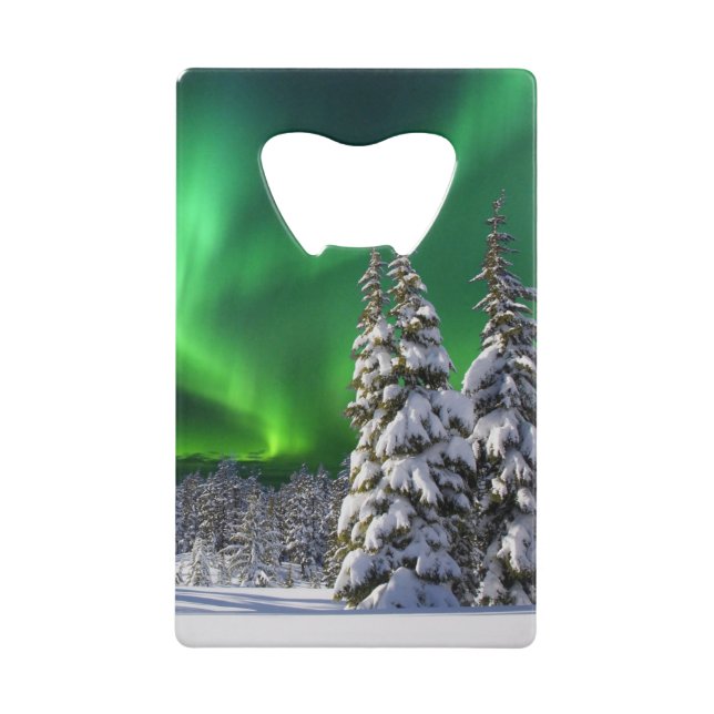 Northern lights during winter credit card bottle opener (Front)