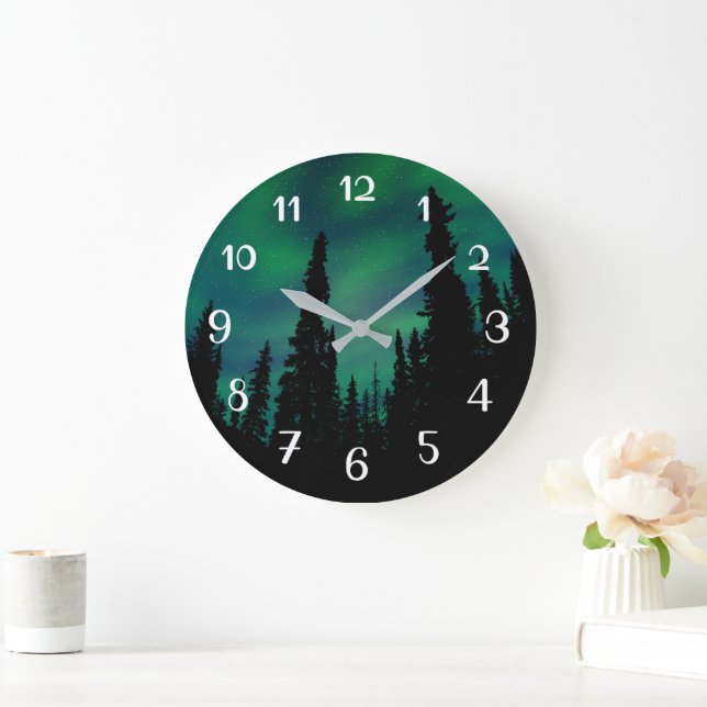 Northern Lights Green Night Sky Forest Large Clock (Home)