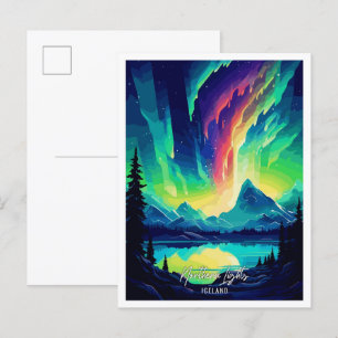 Northern Lights Iceland Art Travel Illustration Postcard