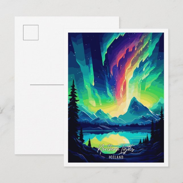 Northern Lights Iceland Art Travel Illustration Postcard (Front/Back)