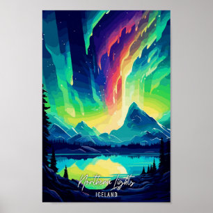 Northern Lights Iceland Art Travel Illustration Poster