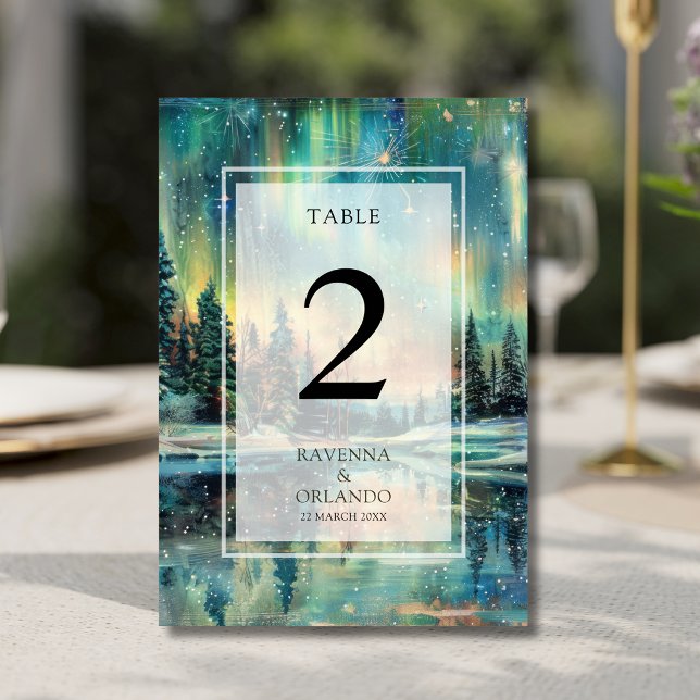Northern Lights Lake Forest Night Sky Wedding Table Number (Creator Uploaded)